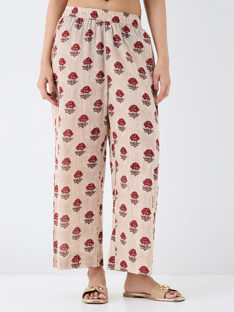 Utsa Beige Floral Pattern Cotton Pants