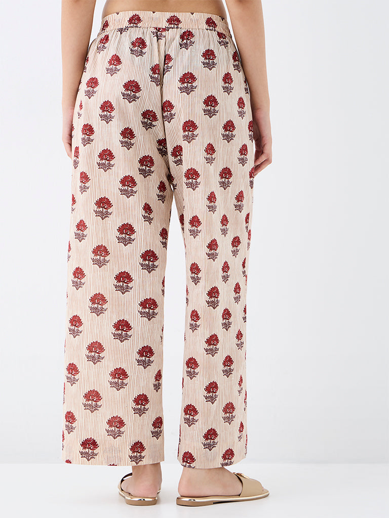 Utsa Beige Floral Pattern Cotton Pants