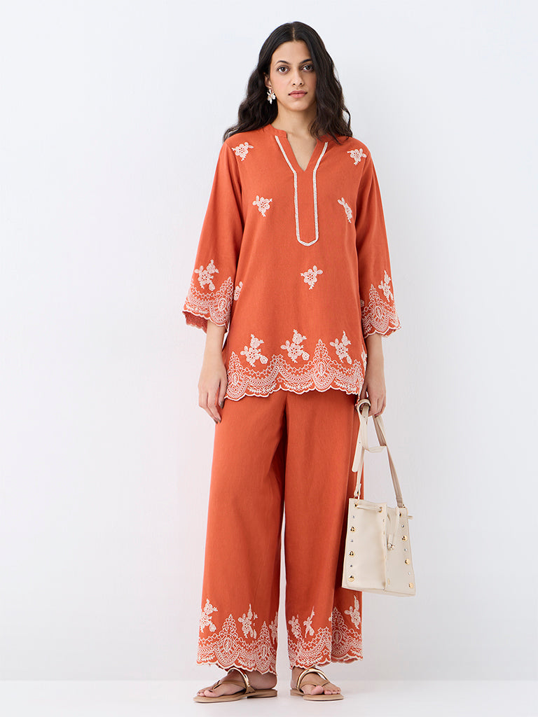 Utsa Rust Floral Embroidered Pants