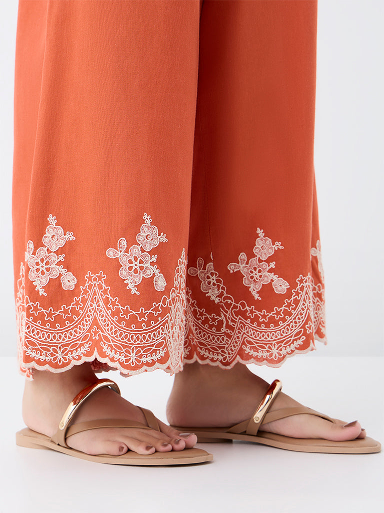Utsa Rust Floral Embroidered Pants