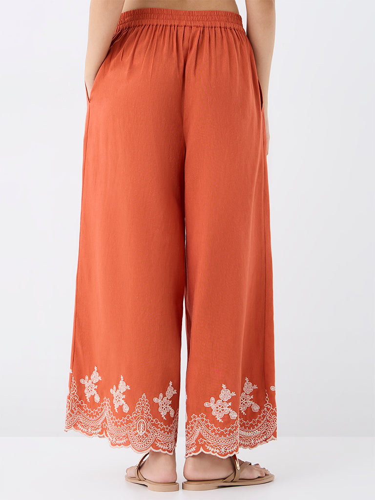 Utsa Rust Floral Embroidered Pants