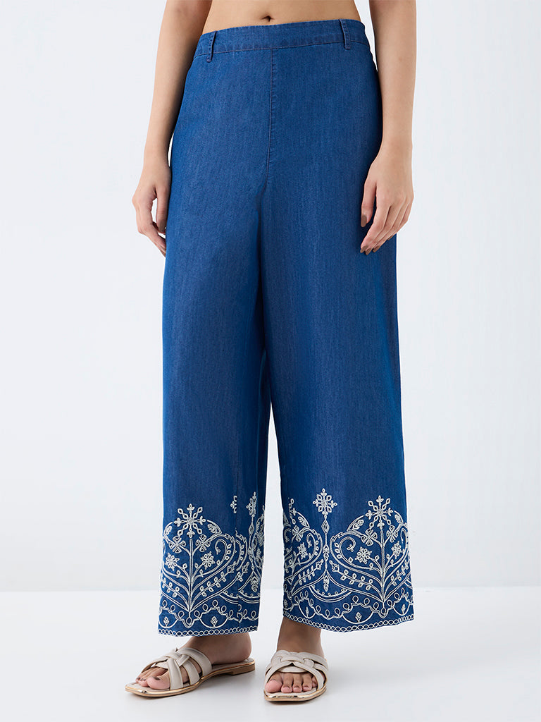 Utsa Blue Embroidered Denim Pants