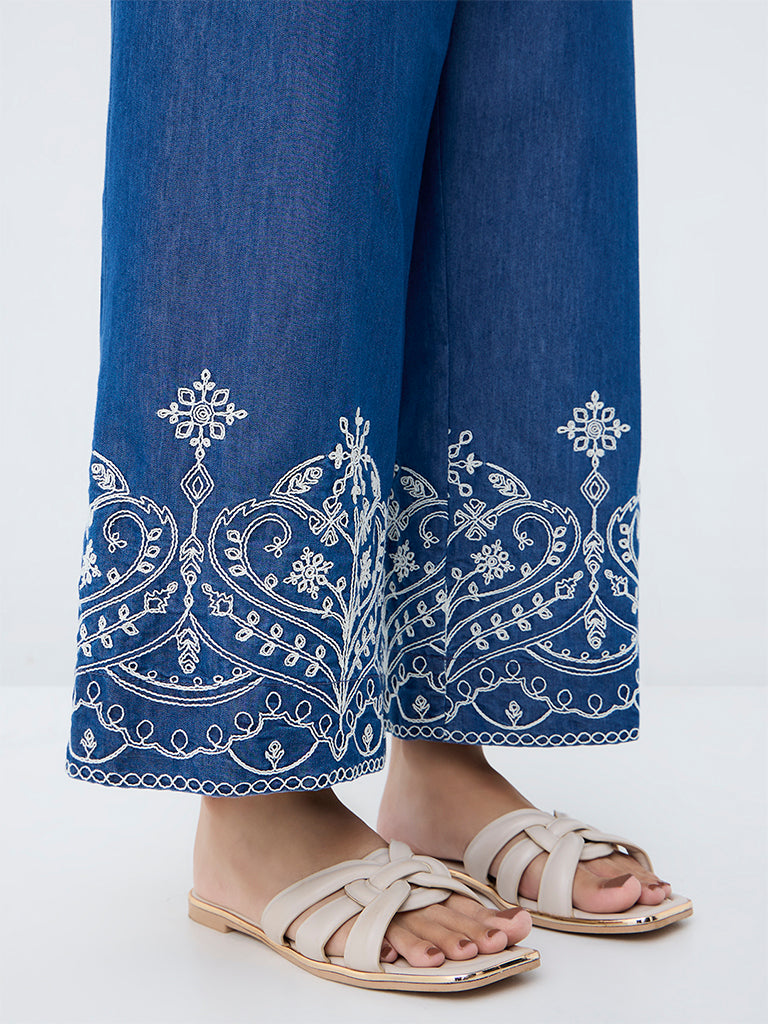Utsa Blue Embroidered Denim Pants