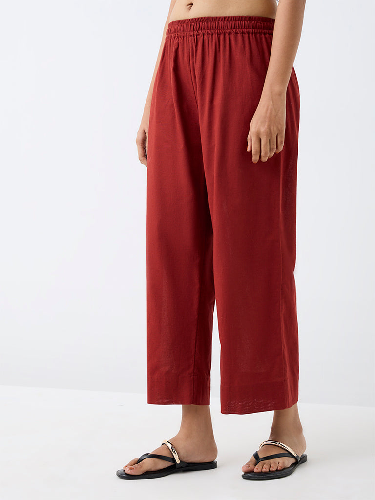 Utsa Red Solid Cotton-Blend Pants