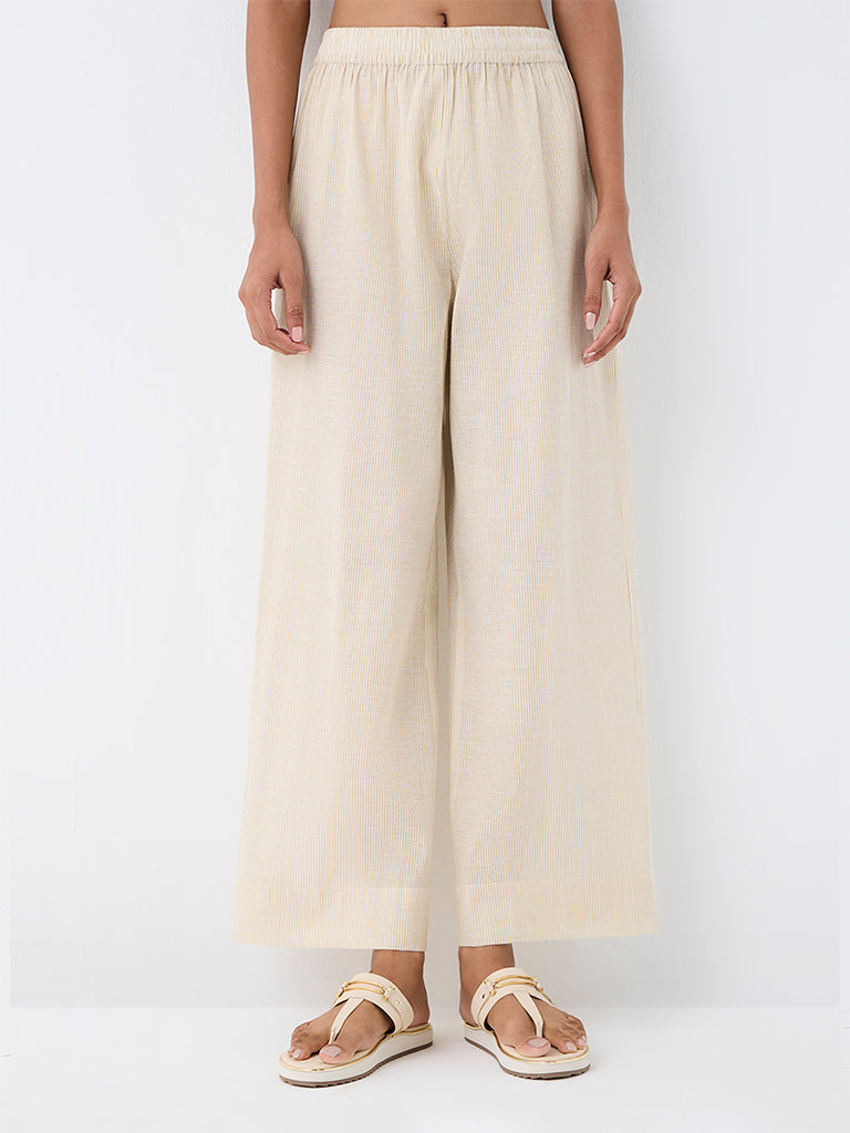 Utsa Cream Striped Cotton Pants