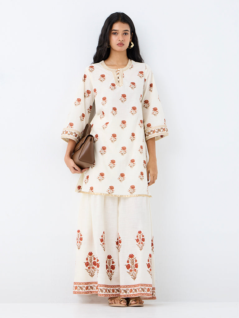 Utsa Off-White Floral Printed Cotton Sharara
