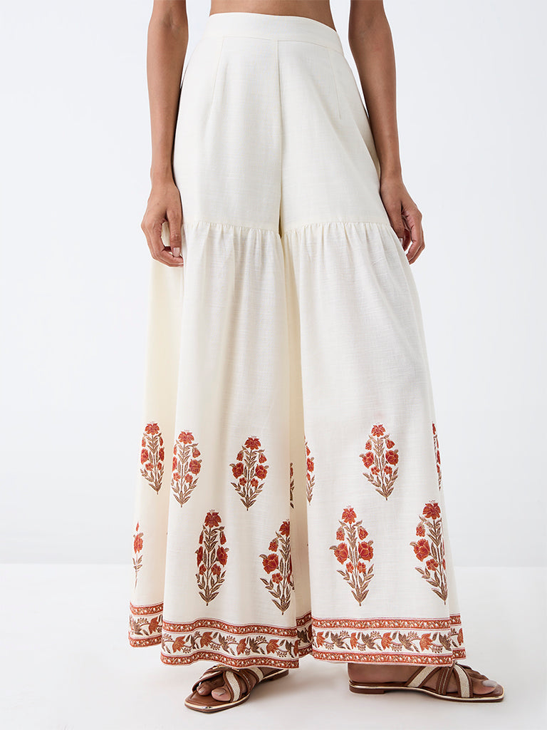 Utsa Off-White Floral Printed Cotton Sharara
