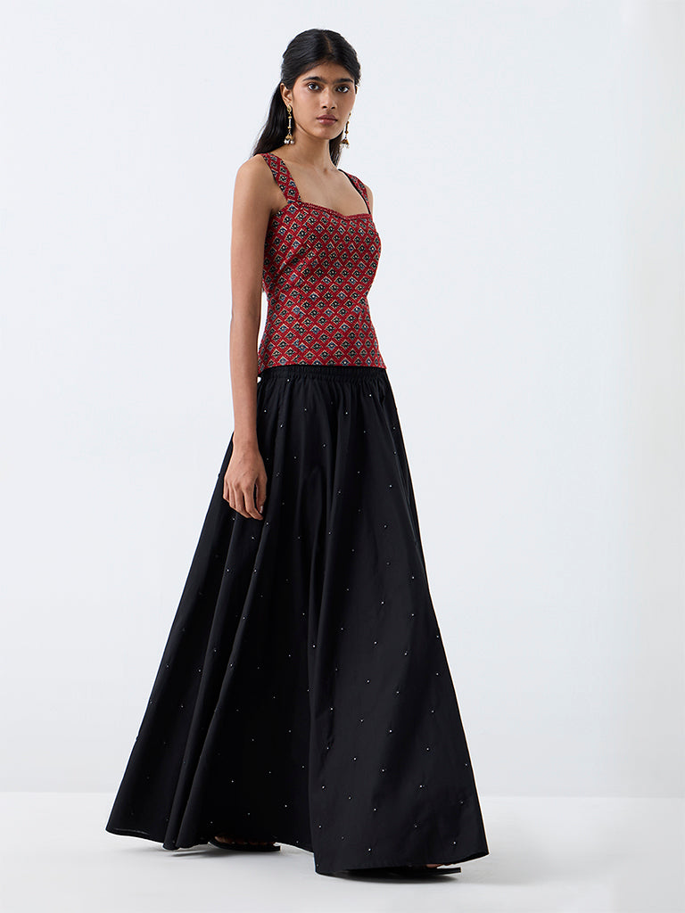 Utsa Black Embroidered Flared Cotton Skirt