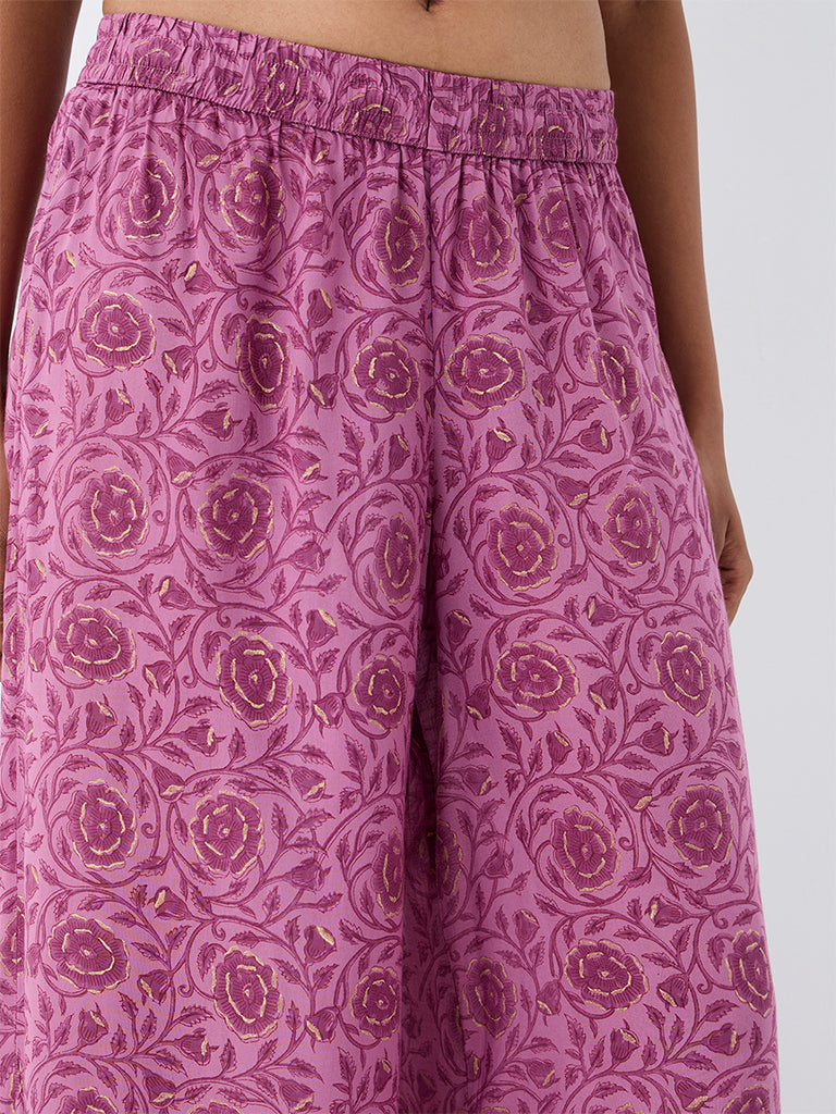 Zuba Purple Floral Design Cotton  Pants