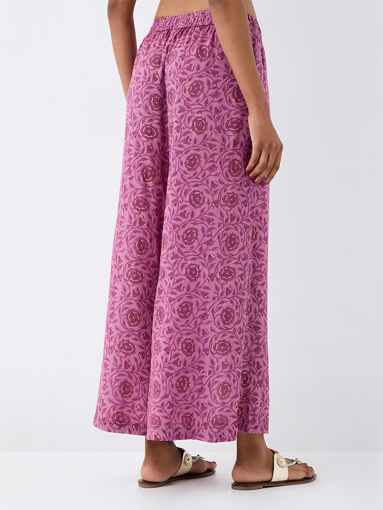 Zuba Purple Floral Design Cotton  Pants