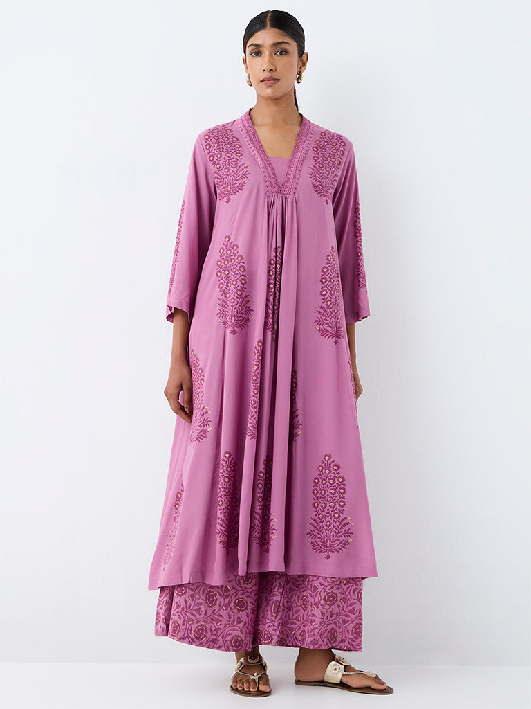 Zuba Purple Floral Printed A-Line Kurta