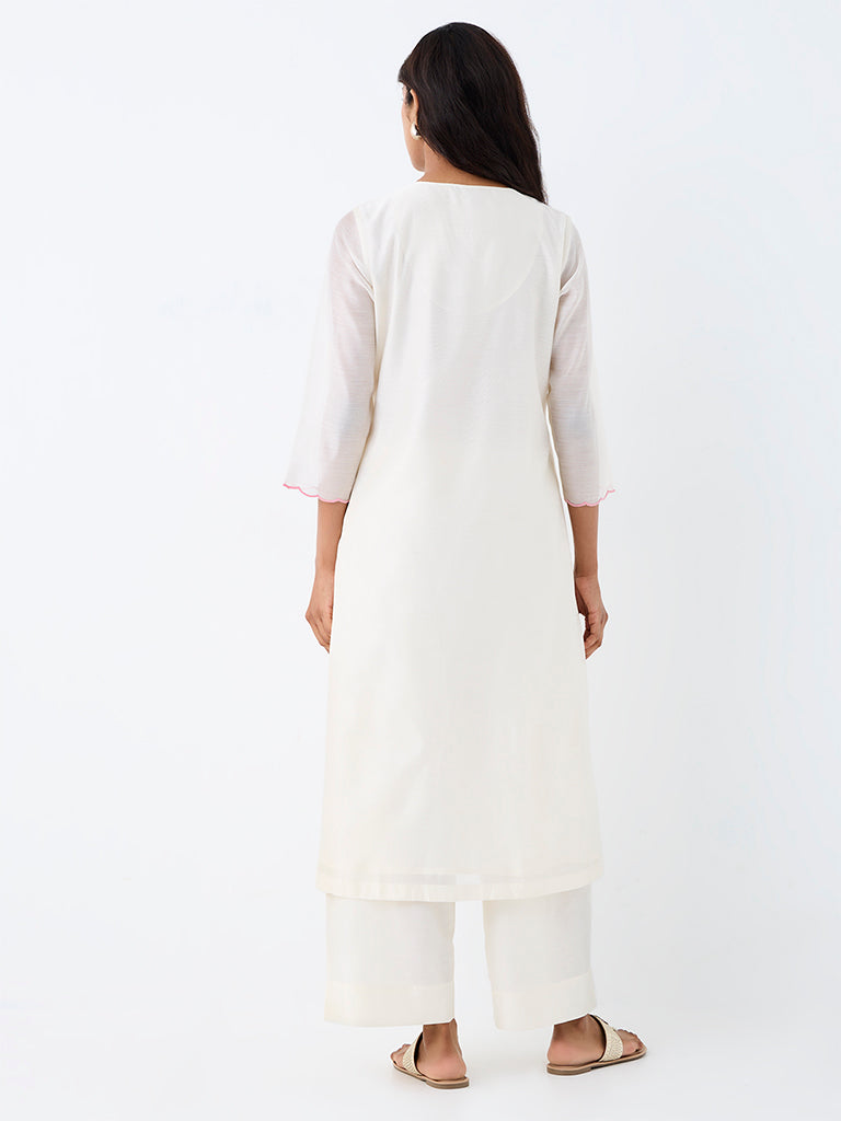 Zuba Off-White Floral Printed Cotton-Blend A-Line Kurta