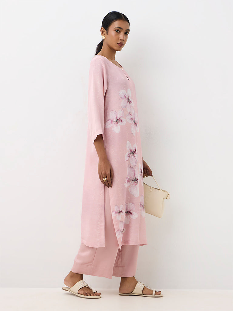 Zuba Pink Floral Printed A-Line Kurta