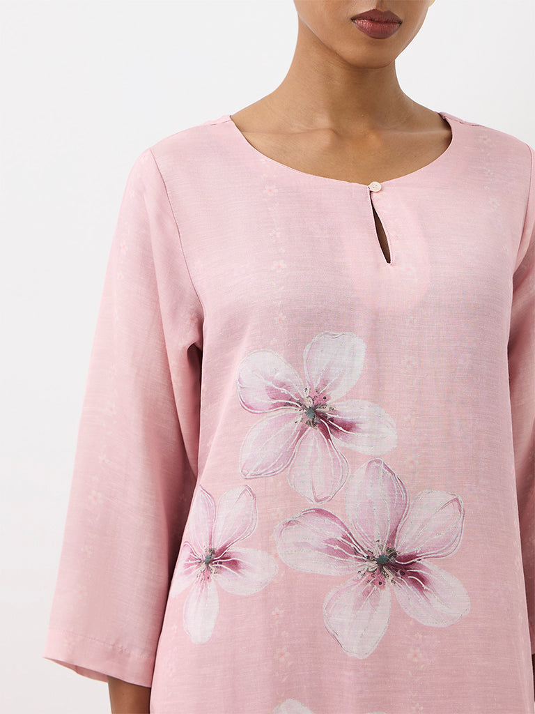 Zuba Pink Floral Printed A-Line Kurta