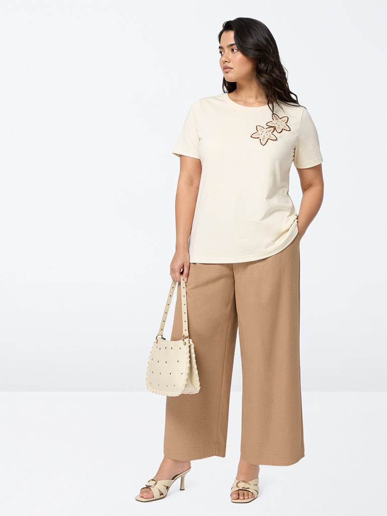 Gia Dark Beige Crinkle-Texture High-Rise Pants