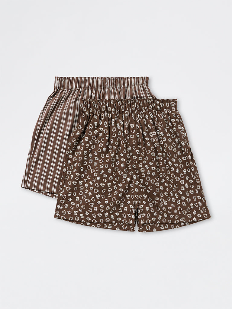 WES Lounge Dark Brown Printed Relaxed-Fit Cotton Boxers - Pack of 2