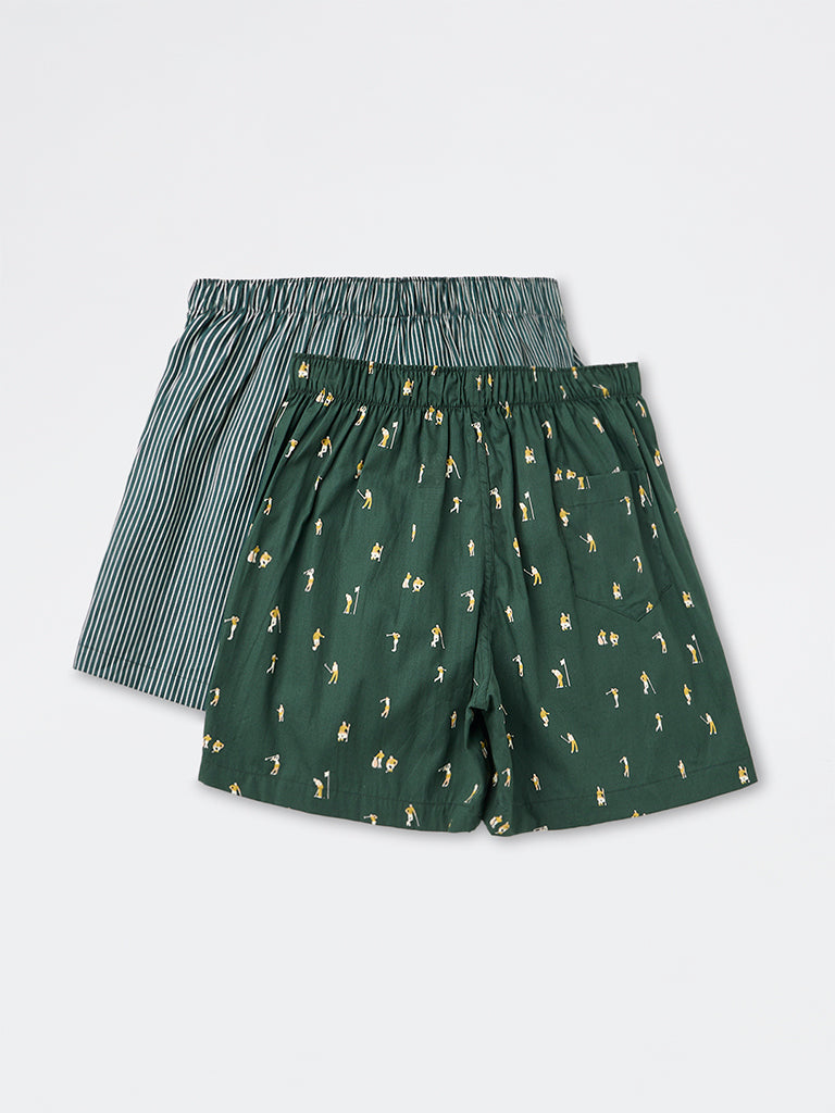 WES Lounge Green Printed Loose-Fit Cotton Boxers - Pack of 2