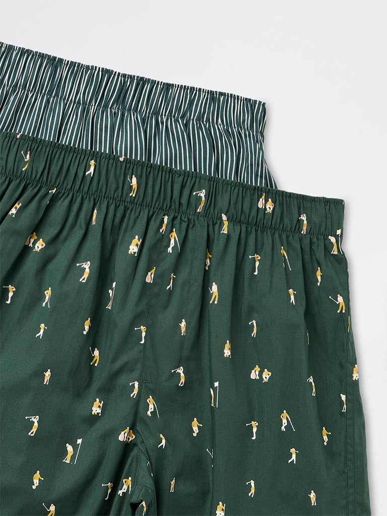 WES Lounge Green Printed Loose-Fit Cotton Boxers - Pack of 2