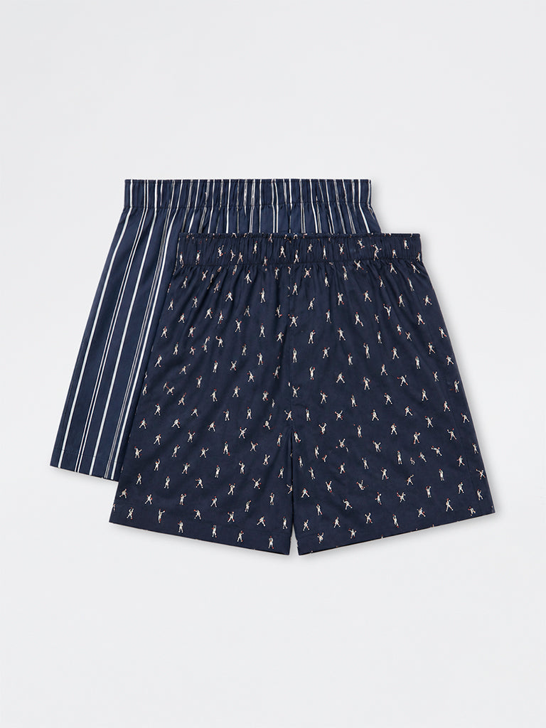 WES Lounge Navy Printed Relaxed-Fit Mid-Rise Cotton Boxers - Pack of 2