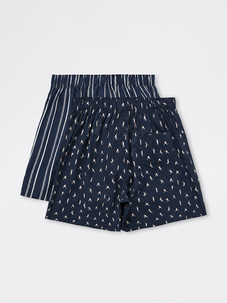 WES Lounge Navy Printed Relaxed-Fit Mid-Rise Cotton Boxers - Pack of 2