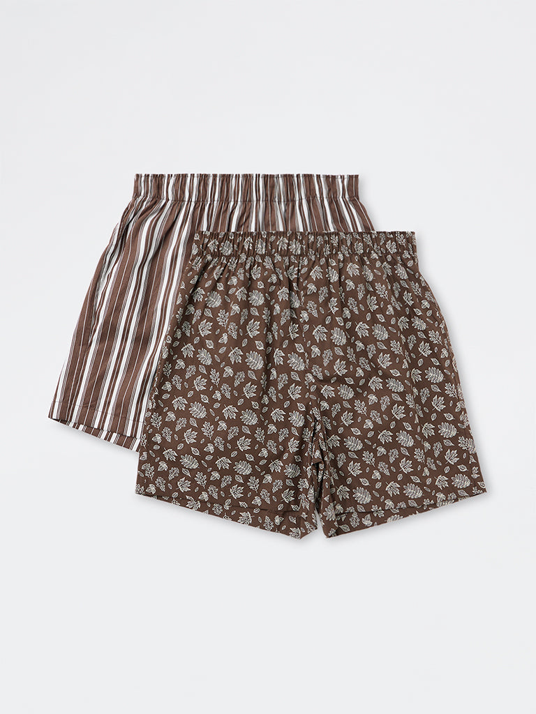 WES Lounge Brown Printed Loose-Fit Cotton Boxers - Pack of 2