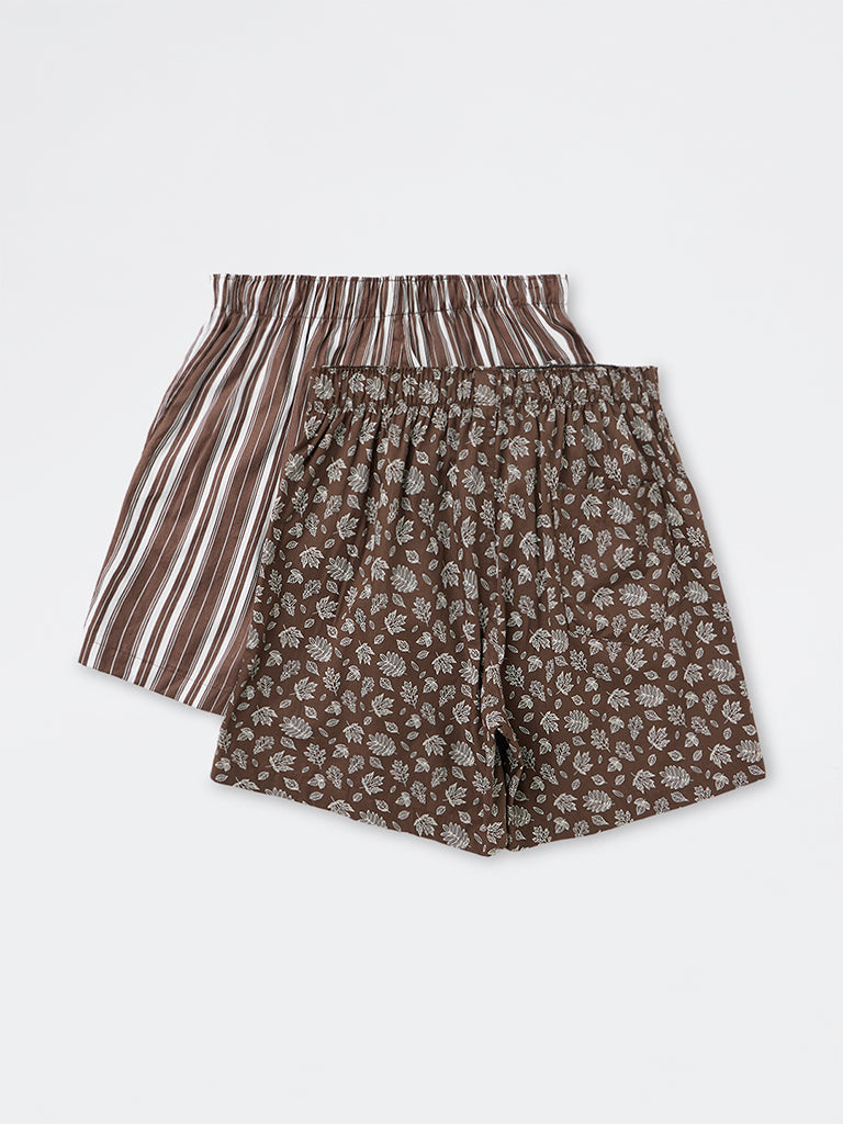 WES Lounge Brown Printed Loose-Fit Cotton Boxers - Pack of 2