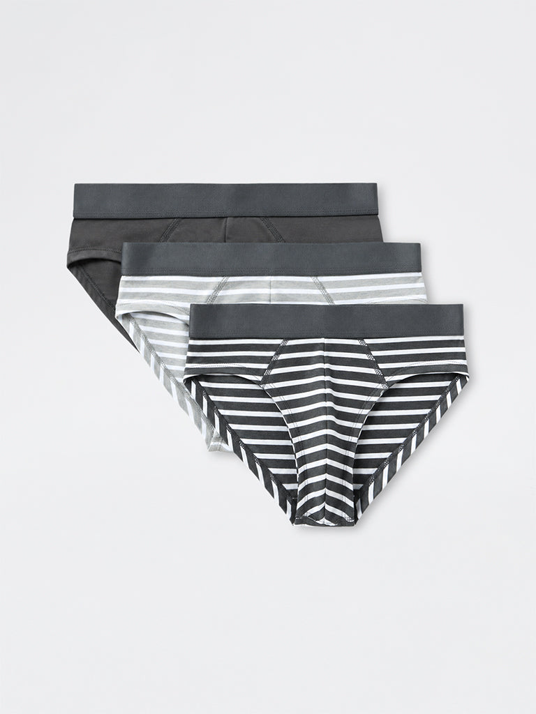 WES Lounge Charcoal Striped Relaxed-Fit Cotton Briefs - Pack of 3