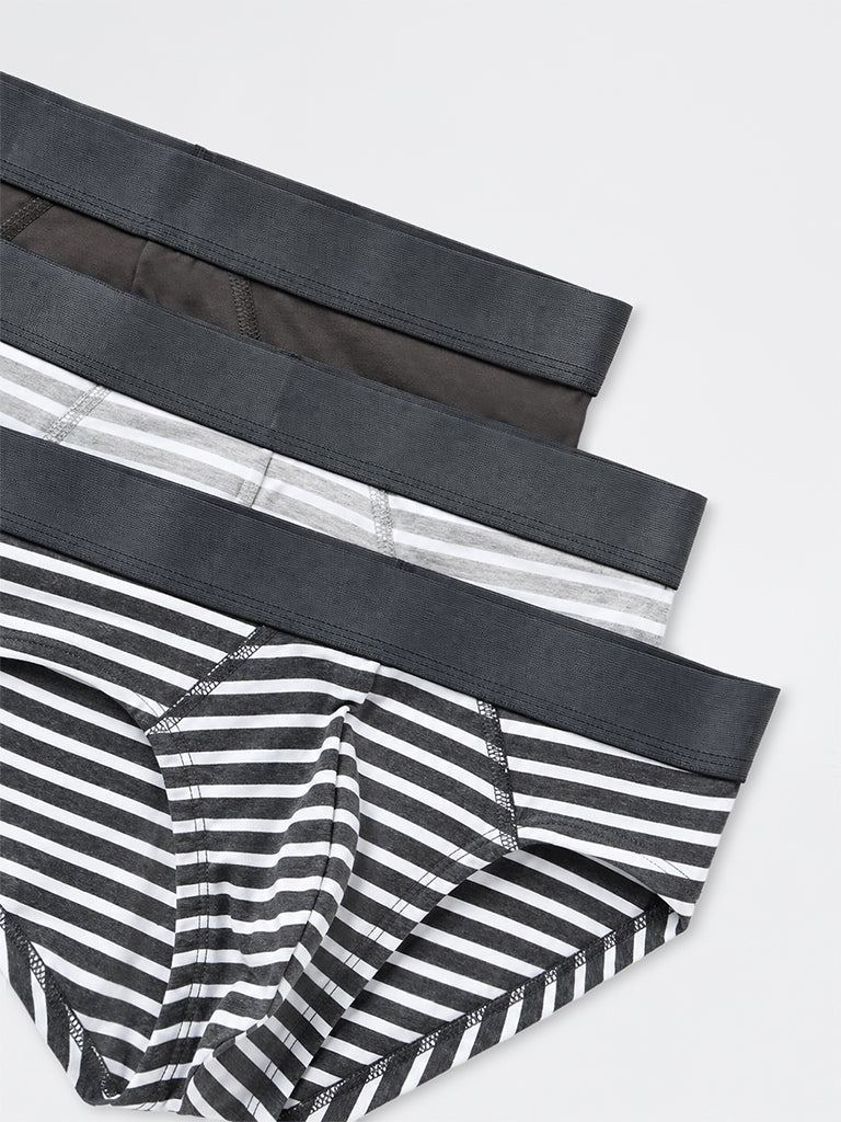 WES Lounge Charcoal Striped Relaxed-Fit Cotton Briefs - Pack of 3