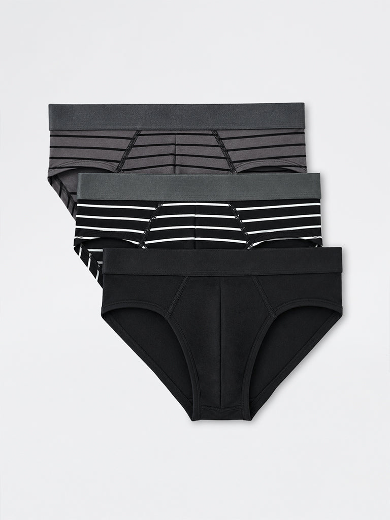 WES Lounge Black Striped Relaxed-Fit Cotton-Blend Briefs - Pack of 3