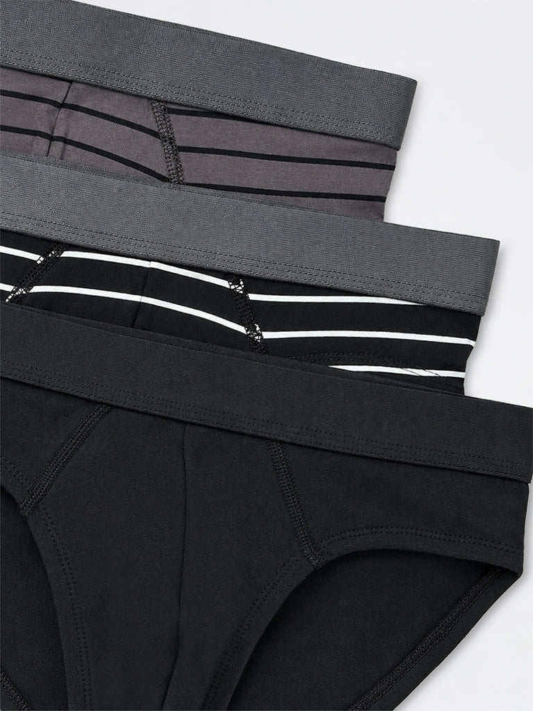 WES Lounge Black Striped Relaxed-Fit Cotton-Blend Briefs - Pack of 3