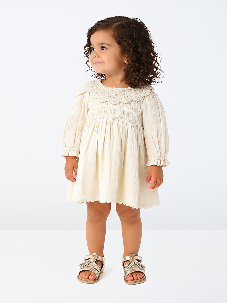 HOP Baby Girls Beige Smocked Cotton A-Line Dress