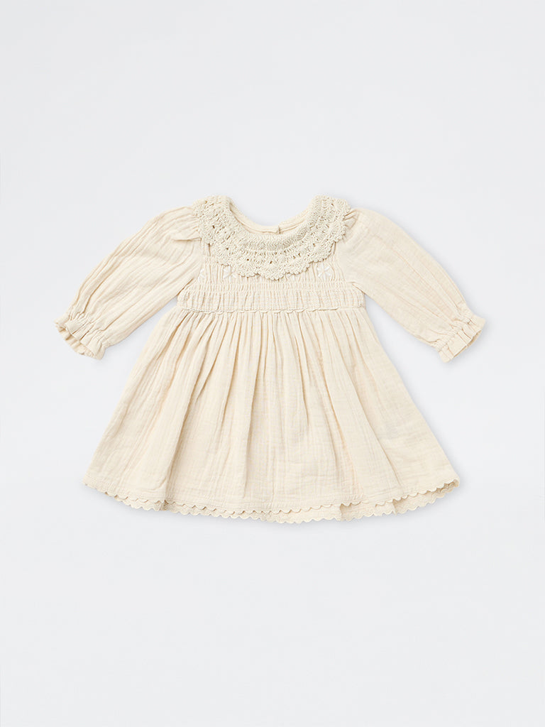 HOP Baby Girls Beige Smocked Cotton A-Line Dress