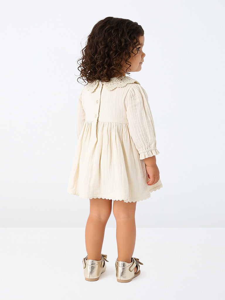 HOP Baby Girls Beige Smocked Cotton A-Line Dress