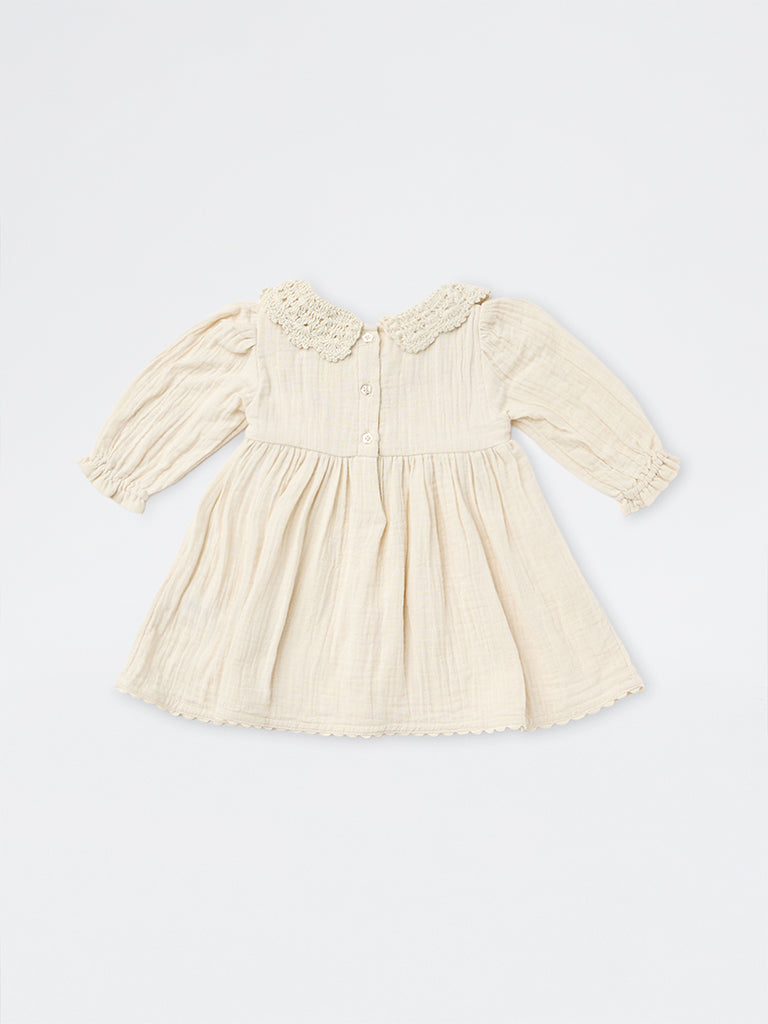 HOP Baby Girls Beige Smocked Cotton A-Line Dress
