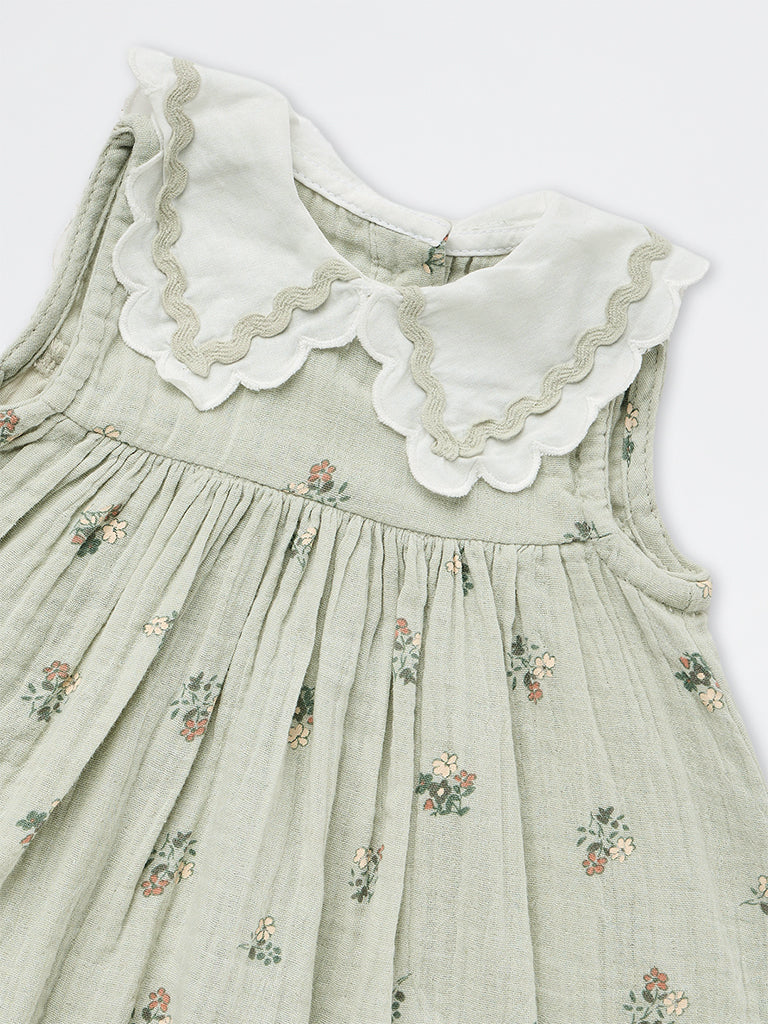 HOP Baby Girls Sage Green Floral Printed Cotton A-Line Dress