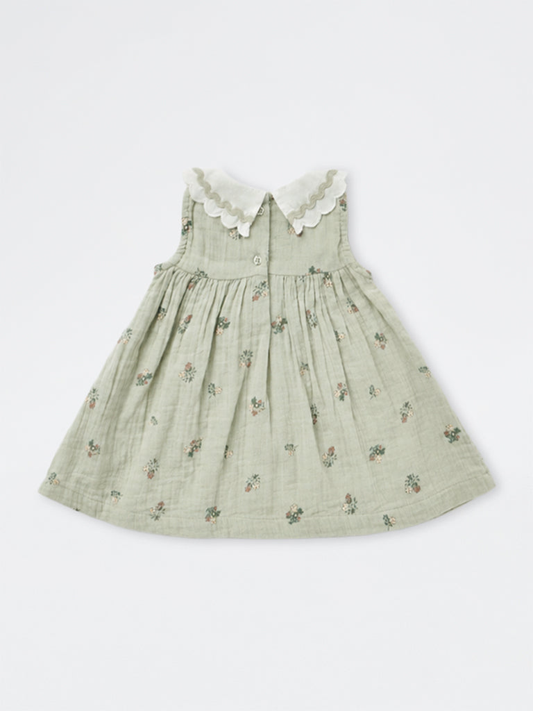 HOP Baby Girls Sage Green Floral Printed Cotton A-Line Dress