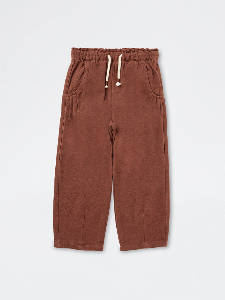 HOP Kids Boys Brown Solid Mid-Rise Cotton Trousers