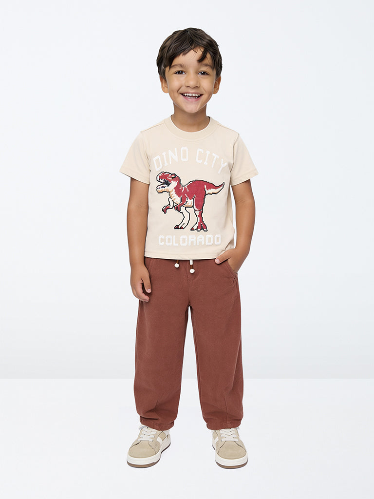 HOP Kids Boys Brown Solid Mid-Rise Cotton Trousers