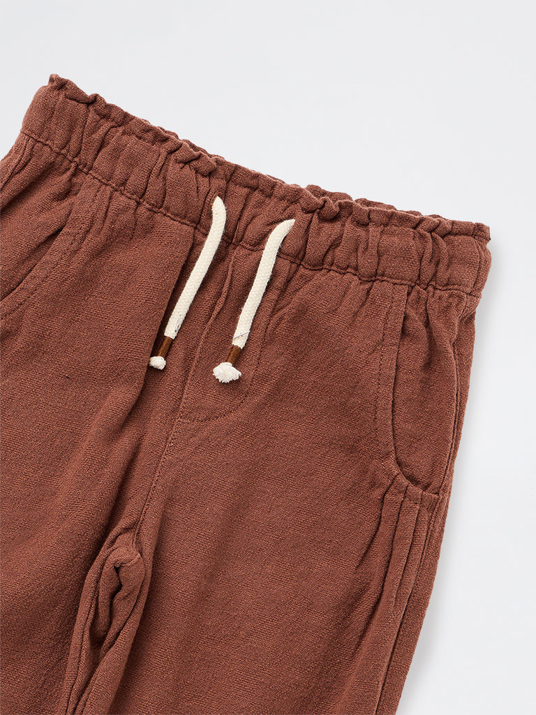 HOP Kids Boys Brown Solid Mid-Rise Cotton Trousers