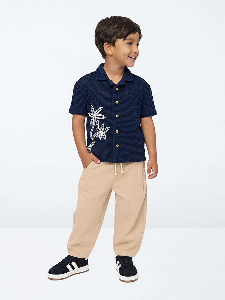 HOP Kids Boys Beige Solid Mid-Rise Cotton Trousers