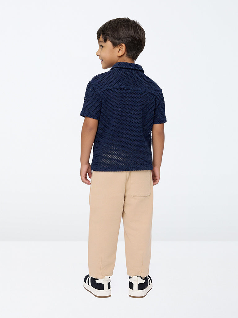 HOP Kids Boys Beige Solid Mid-Rise Cotton Trousers