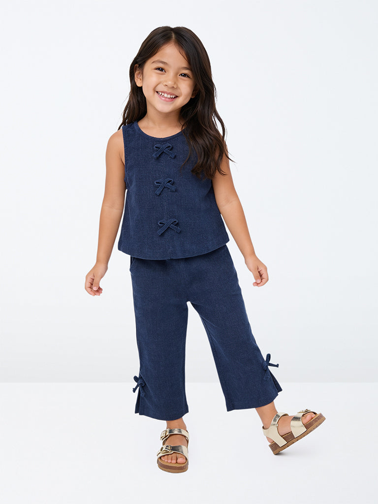 HOP Kids Girls Dark Blue Bow-Detail High-Rise Denim Trousers