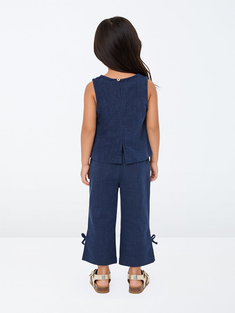 HOP Kids Girls Dark Blue Bow-Detail High-Rise Denim Trousers