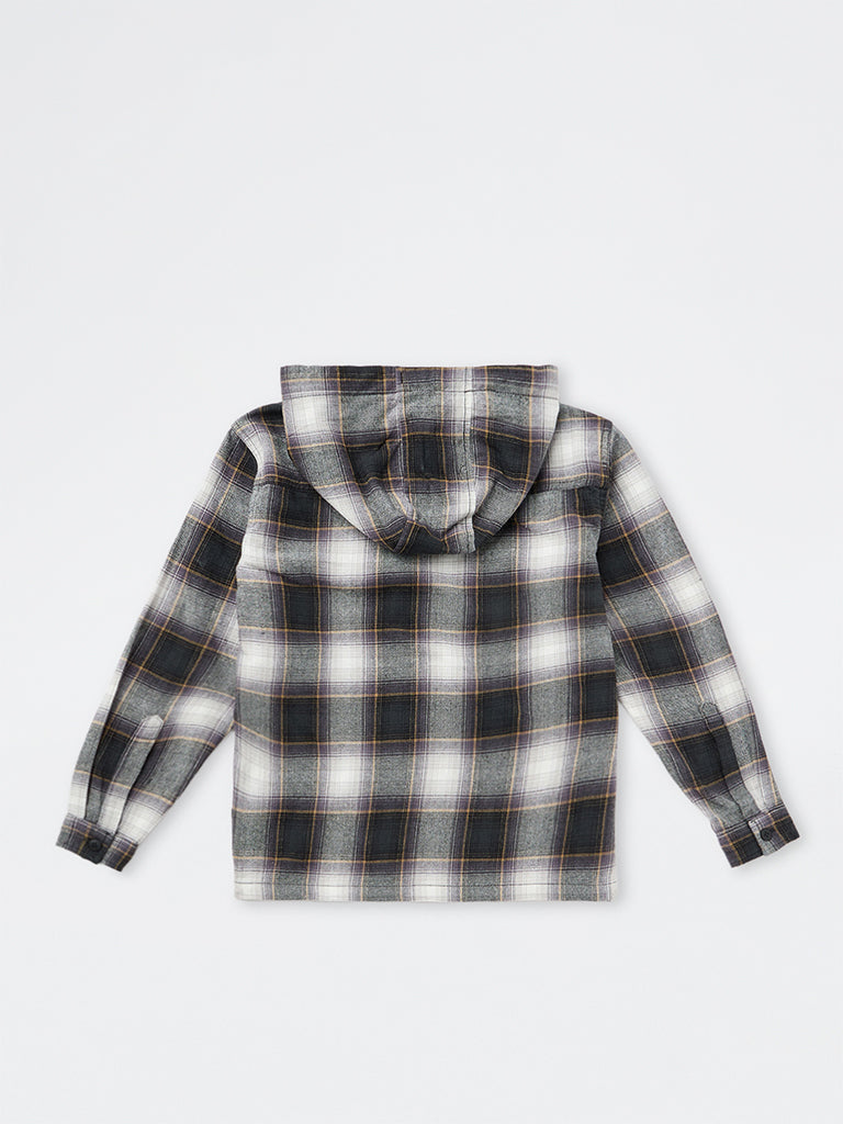 Boys Black Checkered Cotton Hooded Shirt