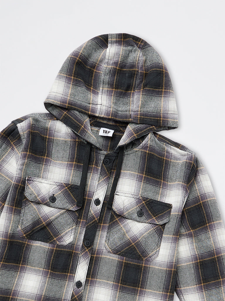 Boys Black Checkered Cotton Hooded Shirt