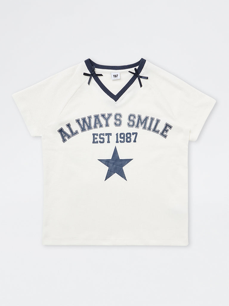 Girls White Text Printed T-Shirt