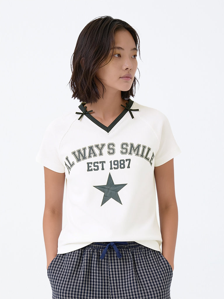 Girls White Text Printed T-Shirt