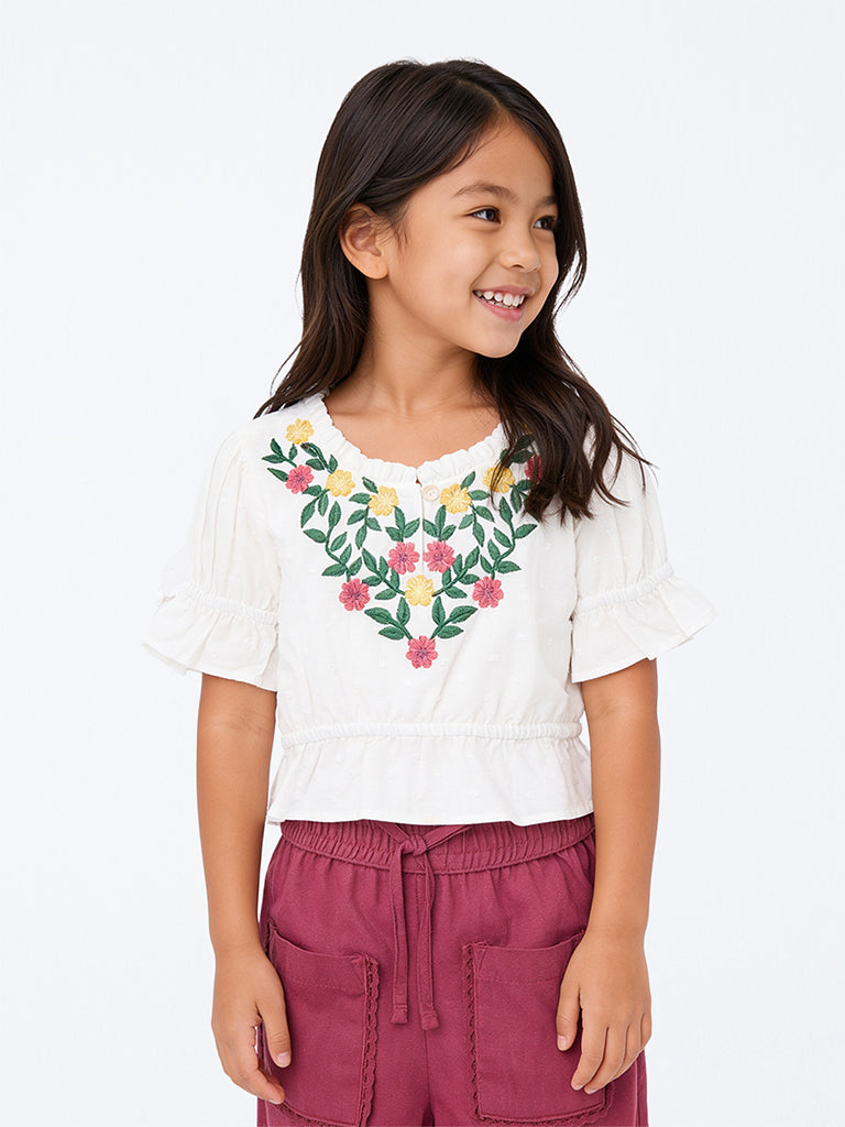 Utsa Kids Girls White Floral Embroidered Cotton Top (2-8 yrs)