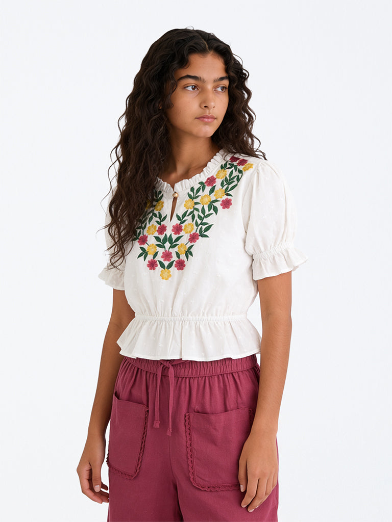 Utsa Kids Girls White Floral Embroidered Cotton Top (8-14 yrs)