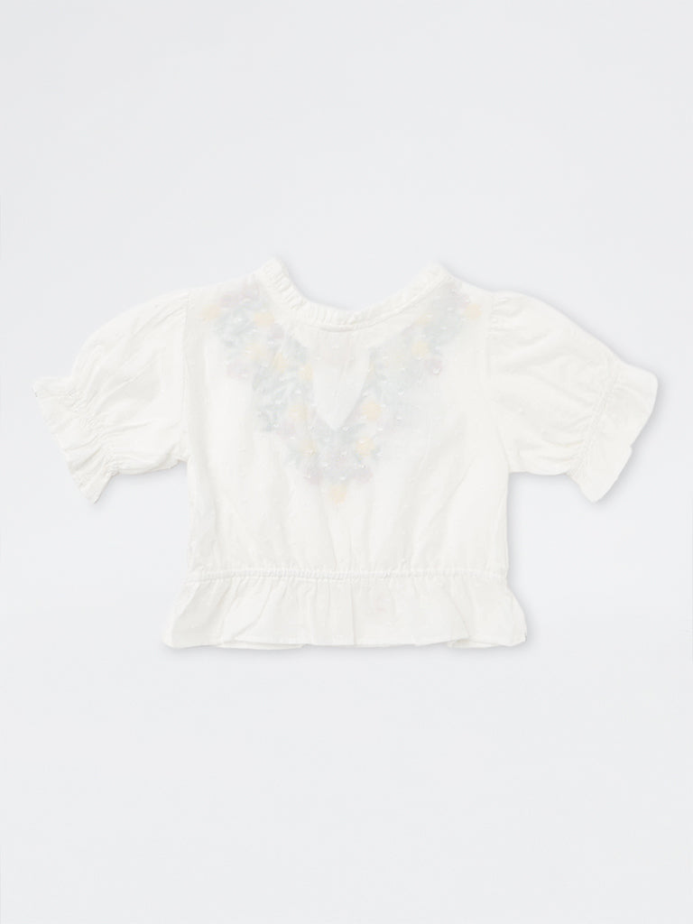 Utsa Kids Girls White Floral Embroidered Cotton Top (8-14 yrs)